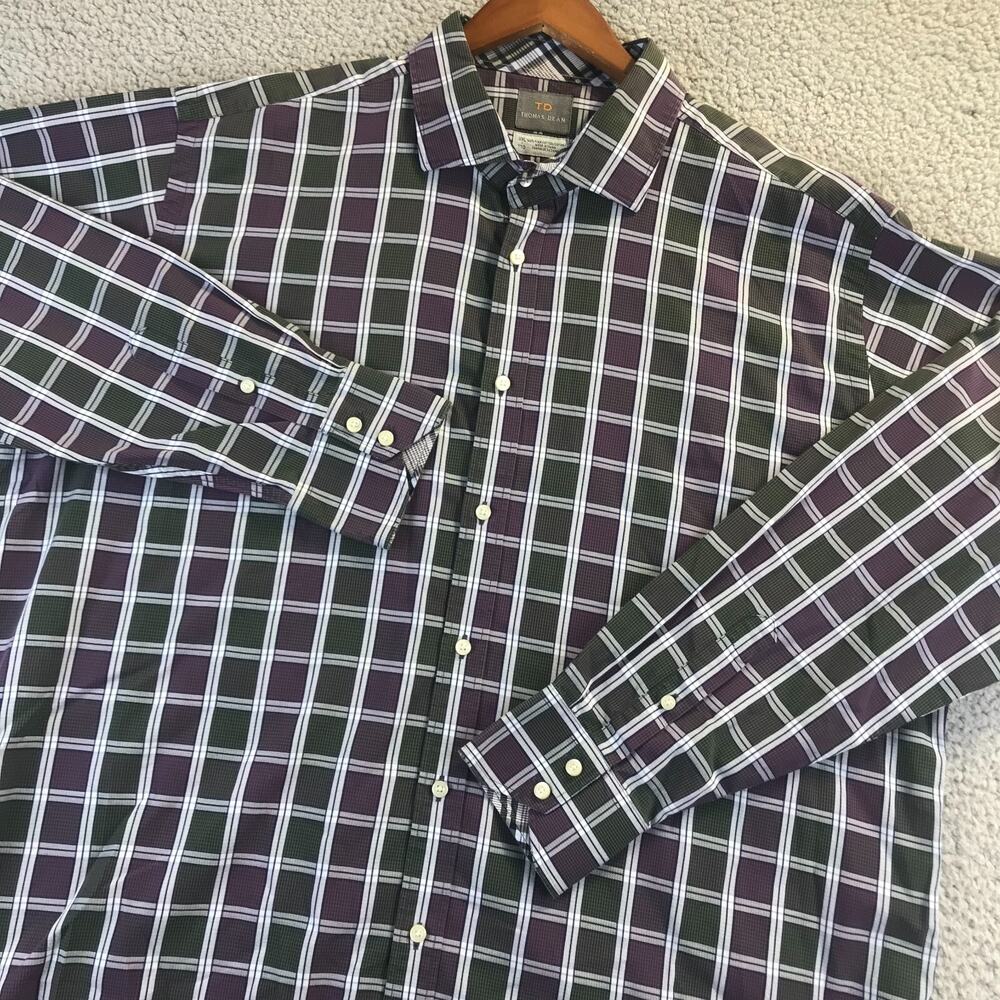 Thomas Dean Mens Long Sleeve Shirt 2XL Flip Cuff Button Purple/Green Plaid Nice